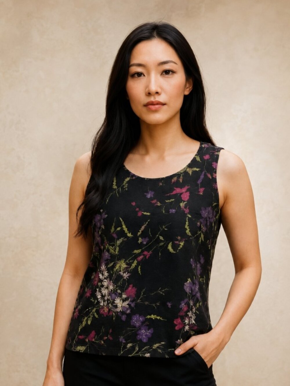Susan Graver Printed Stretch Lace Sleeveless Top – Black, Size Medium – NWT